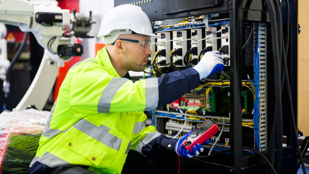 Arbeiter in Warnweste prüft eine Großsicherung mit einem Strommessgerät – Arbeitssicherheit und Elektroprüfung